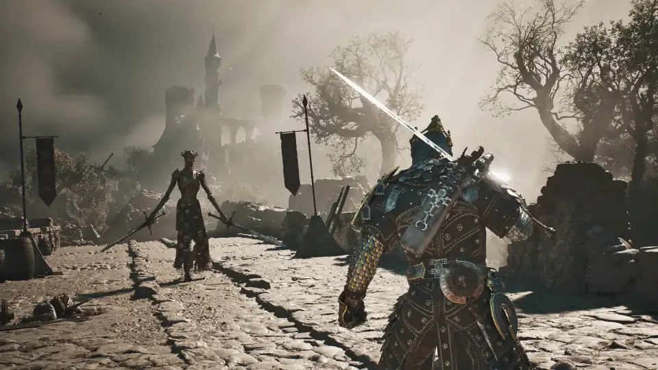 Mortal Shell 2 Harbinger duel on a stone bridge against a horned enemy