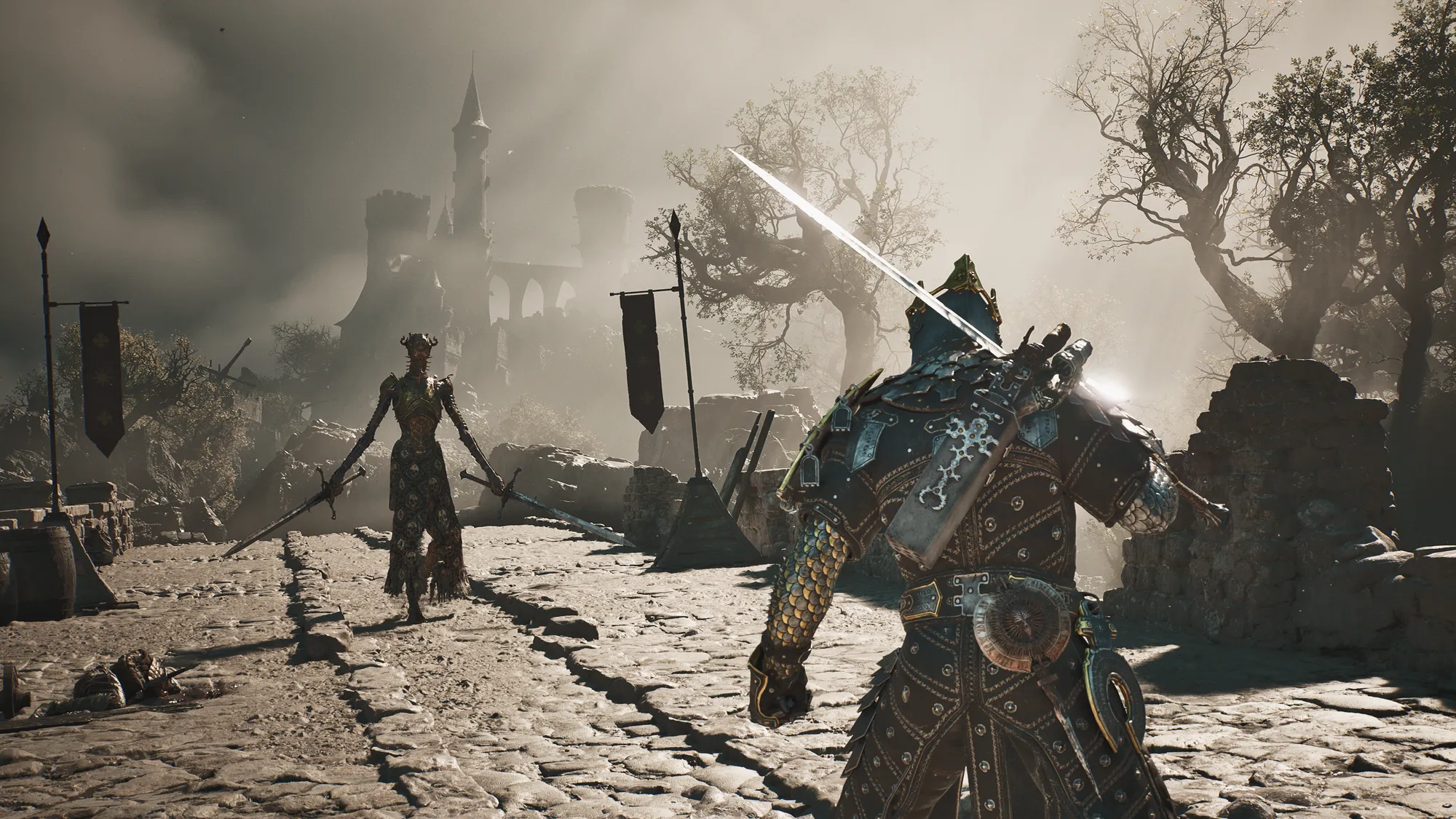 Mortal Shell 2 Harbinger facing a horned boss on a ruined stone bridge