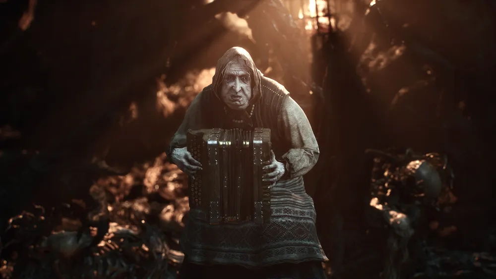 Mortal Shell 2 old woman NPC playing an accordion among skeletal remains