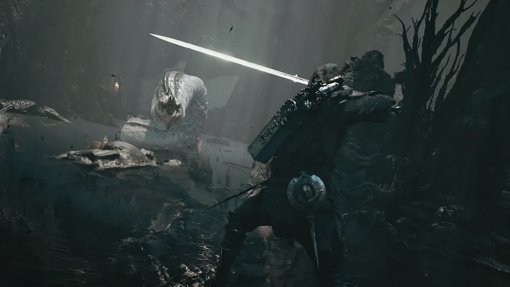 Mortal Shell 2 Harbinger aiming a ballista sidearm