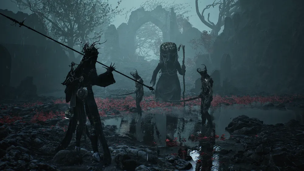 Mortal Shell 2 Beacon arch with spear-wielding shade